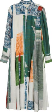 Jason Wu Collection Collage Print Belted Long Sleeve Sandwashed Silk Shirtdress