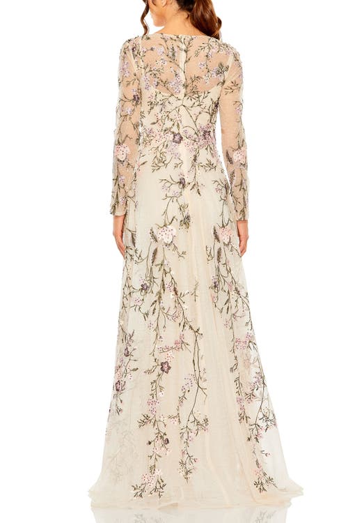 Mac Duggal V Neck Long Sleeve Embroidered Gown In Blush