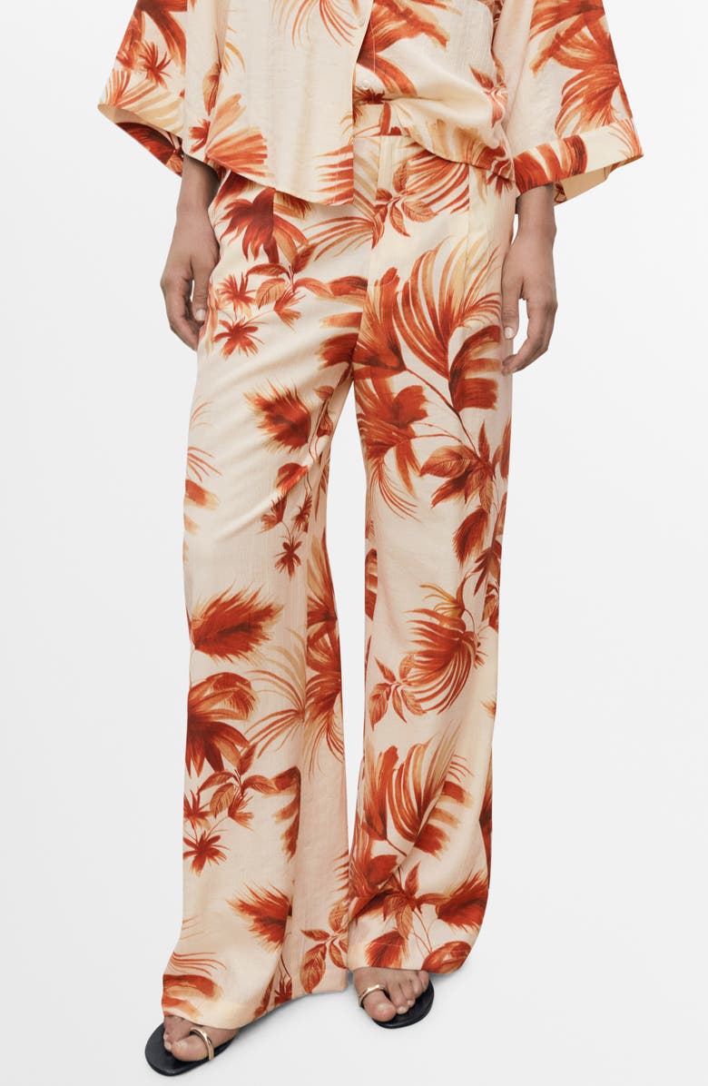 MANGO Flowy Palm Print Straight Leg Pants, Main, color, Off White