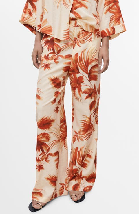 Flowy Palm Print Straight Leg Pants (Regular & Plus)