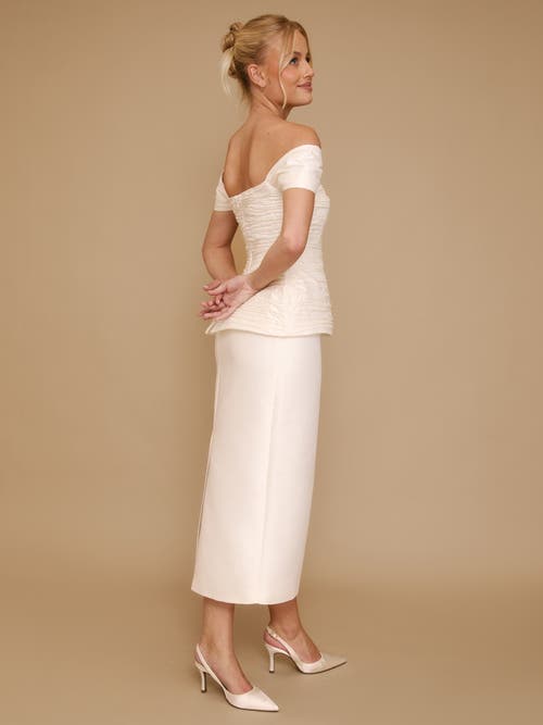 Six Stories Gathered Bardot Peplum Midi Dress In White