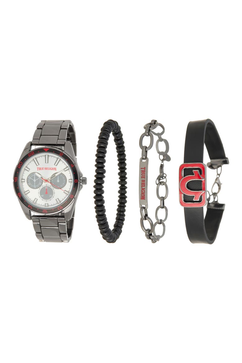 Chronograph Bracelet Watch, 44.5mm & Assorted Bracelets Set, Main, color, BLACK