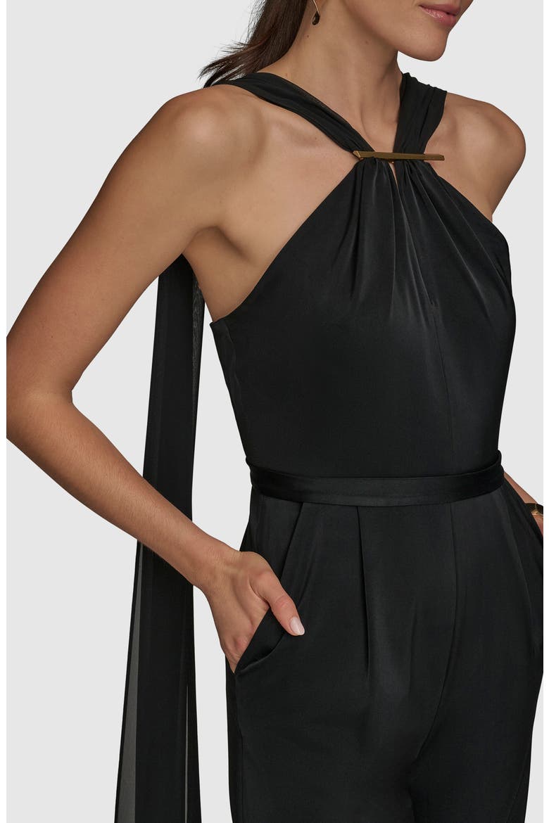 Halter Neck Chiffon & Satin Jumpsuit, Alternate, color, BLACK