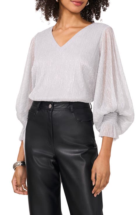 Metallic Blouson V-Neck Top