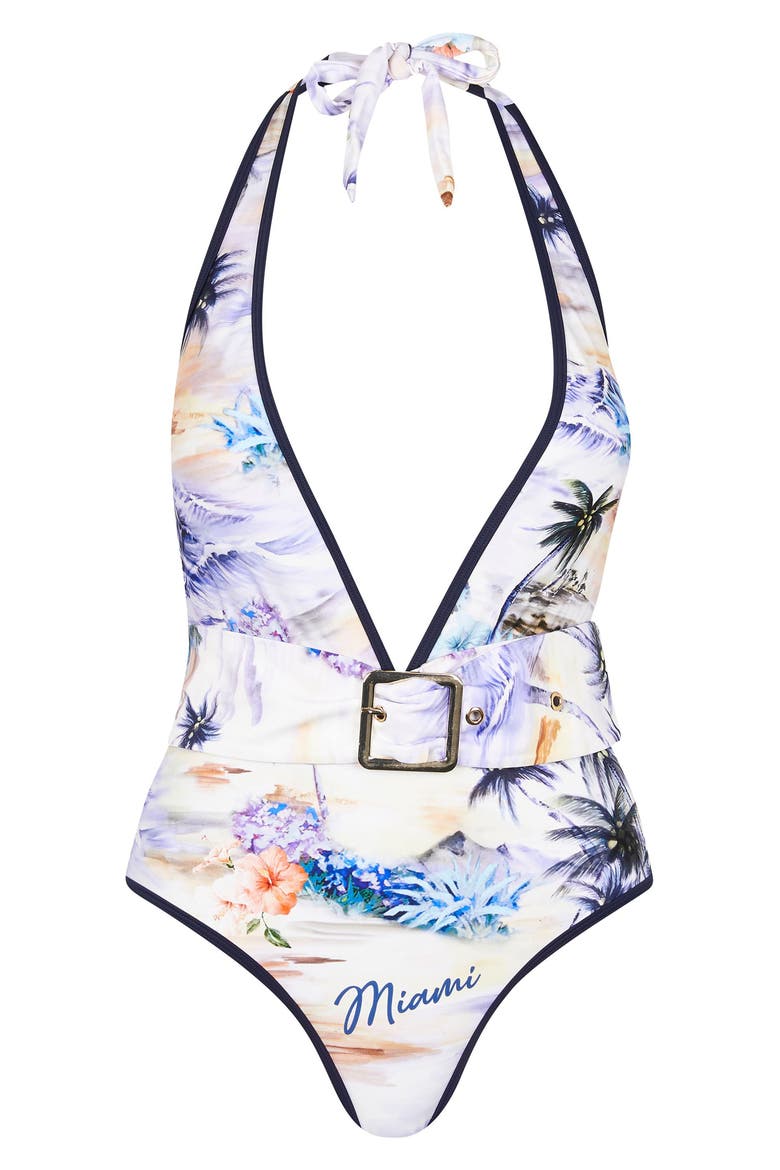 Belted Halter One-Piece Swimsuit, Alternate, color, LIGHT BLUE
