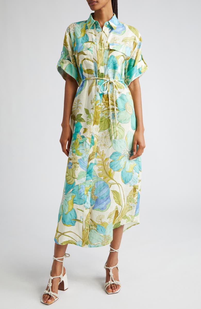 ALEMAIS Janis Floral Print Belted Linen Midi Shirtdress, Main, color, 