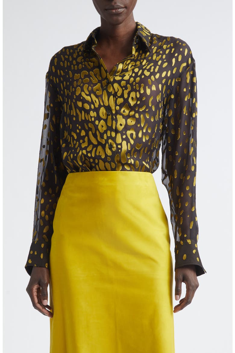 Devoré Silk Blend Georgette Button-Up Shirt, Main, color, EXPRESSO/ BRASSWOOD