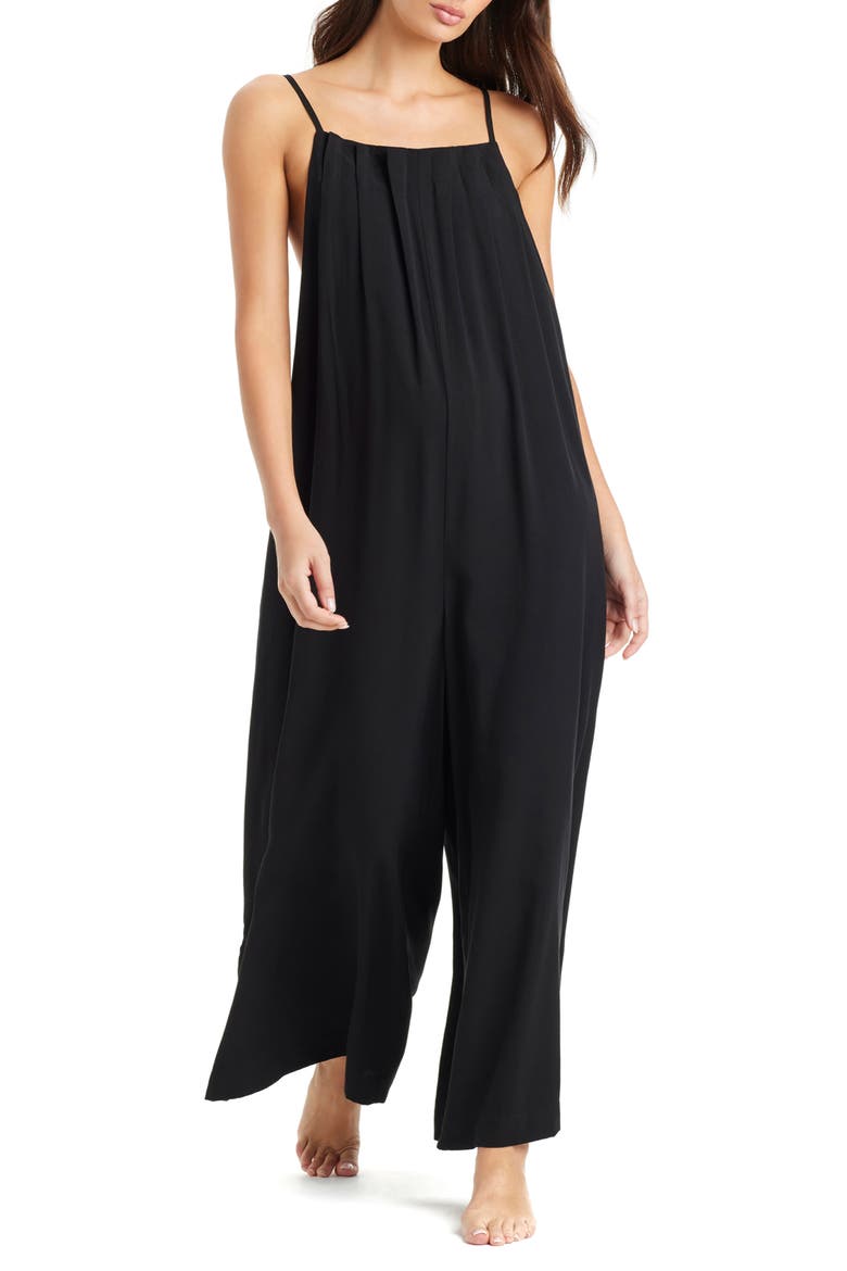 Pleated Cover-Up Overalls, Main, color, BLACK