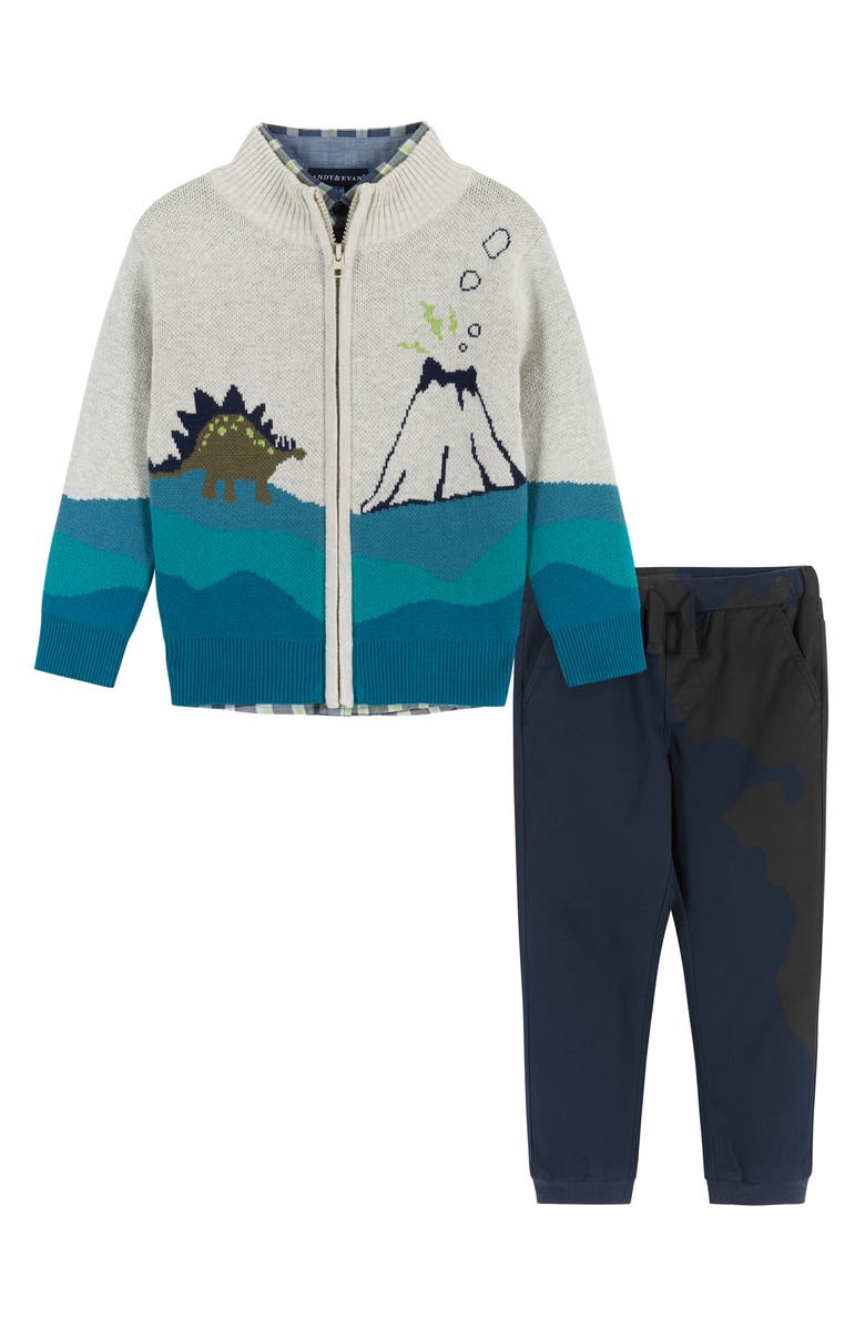 Andy & Evan Kids' Dino Sweater, Plaid Button-Up & Pants Set, Main, color, 