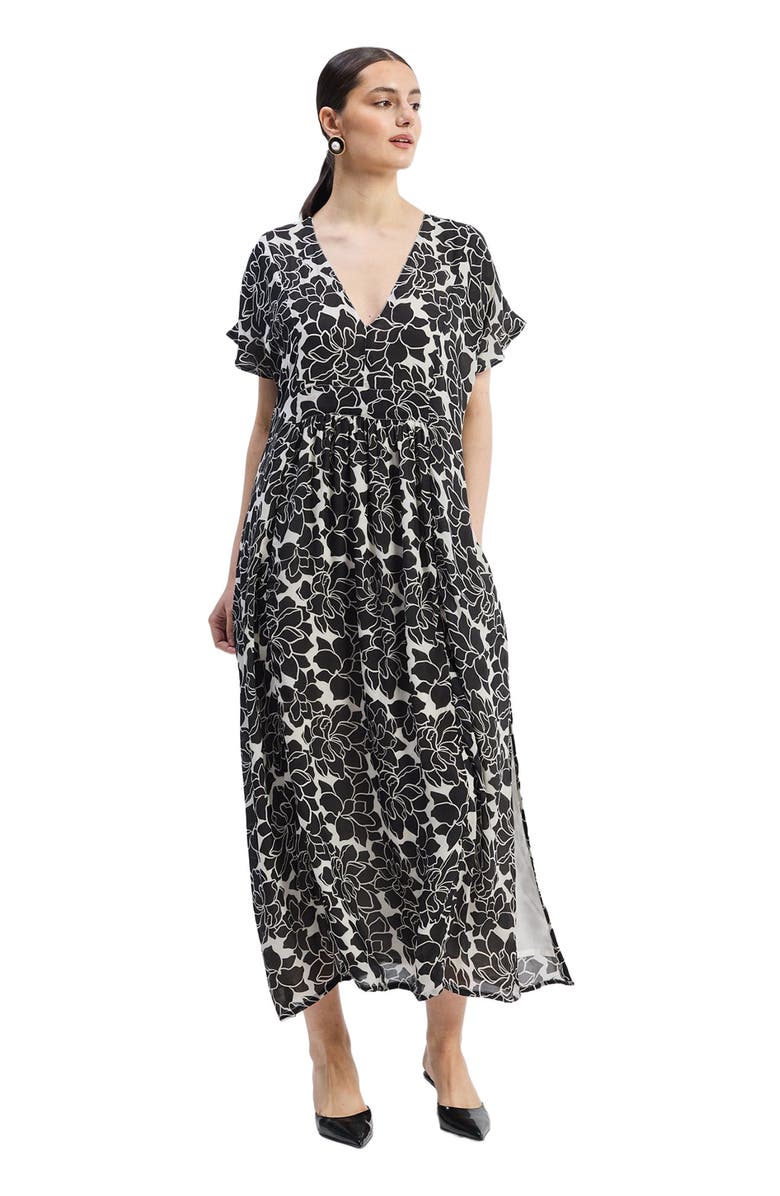 Reistor Deep V-neck Maxi Dress with Front Gathers in Black Florals, Alternate, color, Midnight Bloom