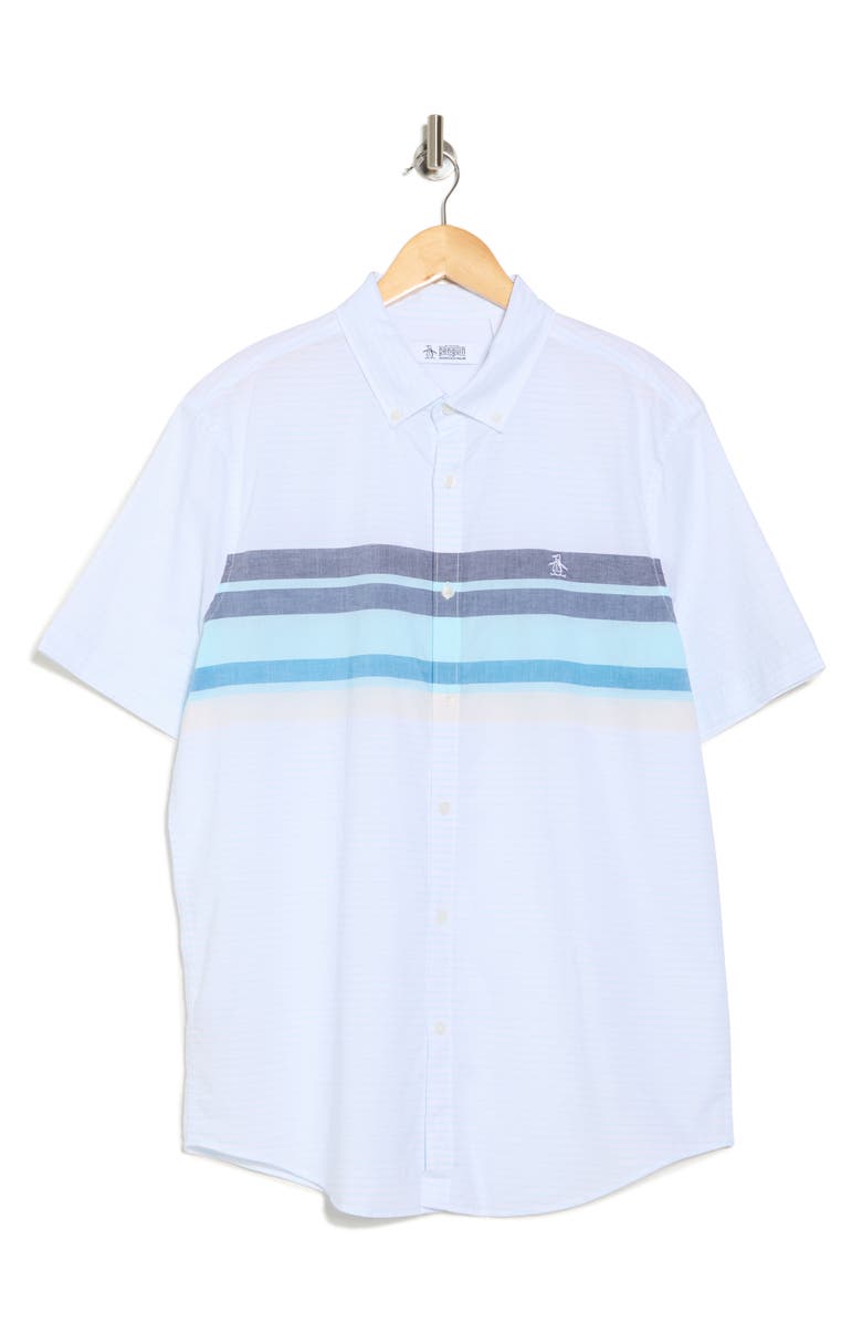 Original Penguin Lawn Chest Stripe Short Cotton Sleeve Button-Up Shirt, Alternate, color, Bright White