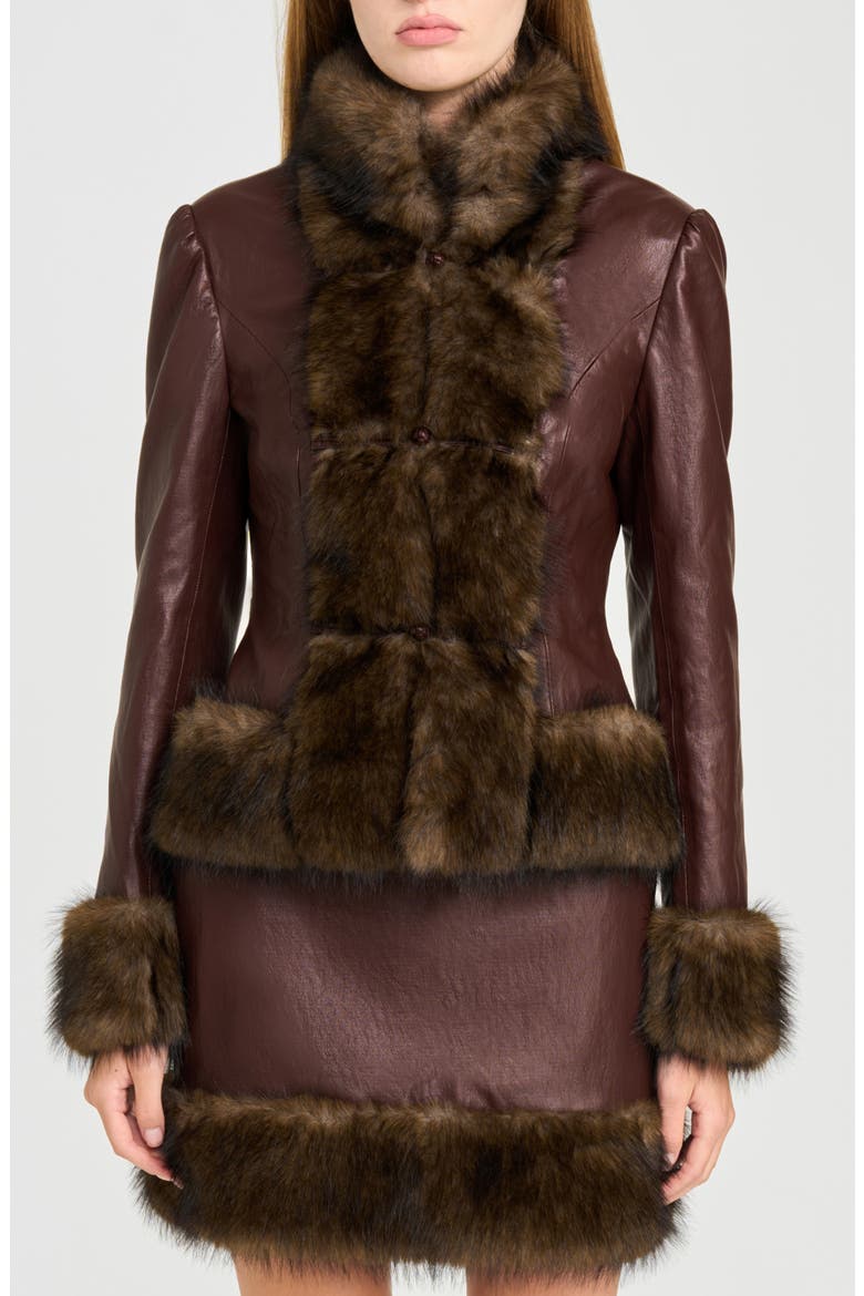 x Rose Lola Mercer Faux Fur Trim Faux Leather Jacket, Main, color, CHOCOLATE