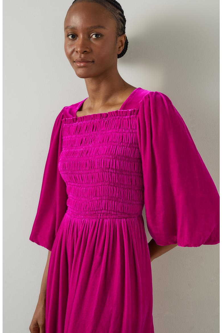 Callista Shirred Velvet Dress, Alternate, color, MAGENTA