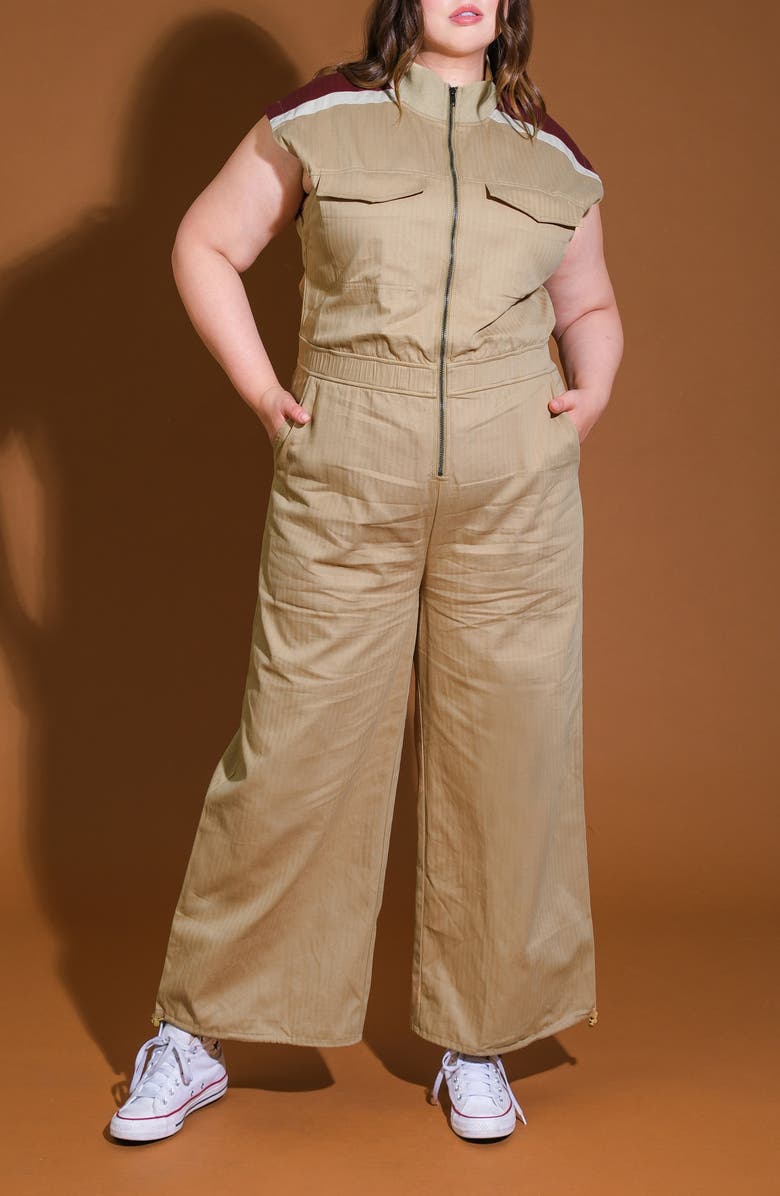 FLYING TOMATO Cap Sleeve Cotton Utility Jumpsuit, Alternate, color, Camel