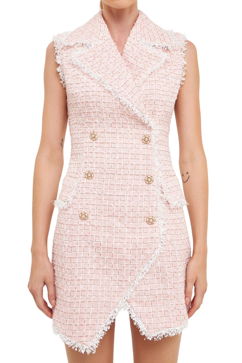 Check Double Breasted Tweed Minidress, Alternate, color, PINK