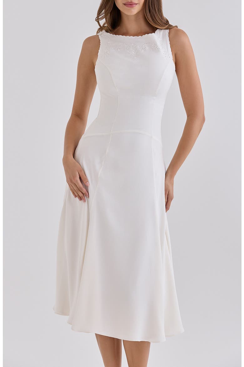 Alyssia Embroidered Satin Midi Dress, Alternate, color, WHITE