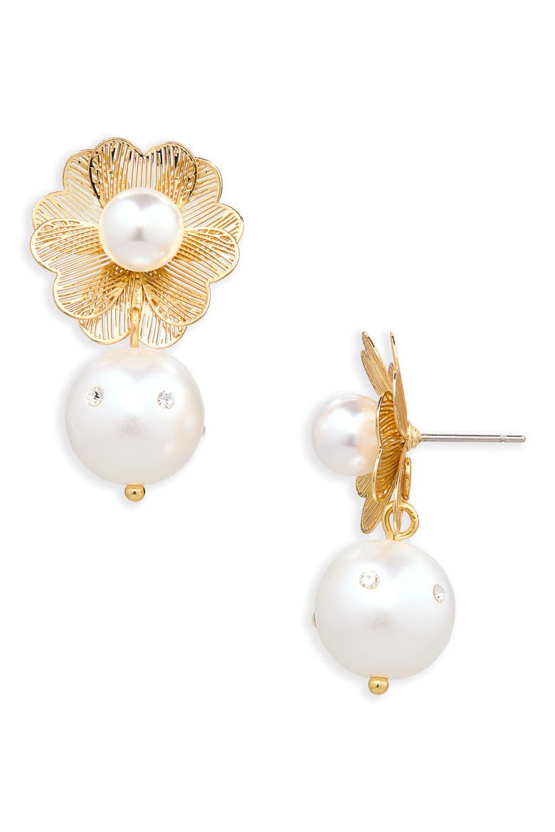 Faux Pearl & Crystal Flower Drop Earrings, Main, color, GOLD