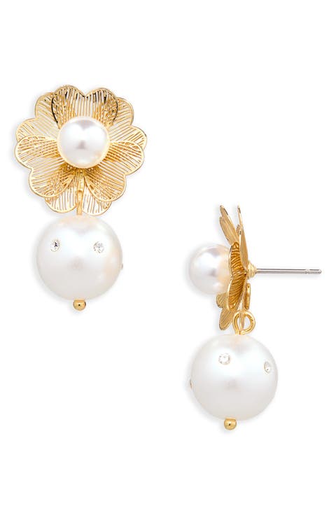 Faux Pearl & Crystal Flower Drop Earrings