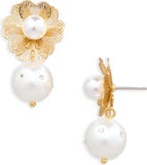 Kenneth Jay Lane Faux Pearl & Crystal Flower Drop Earrings