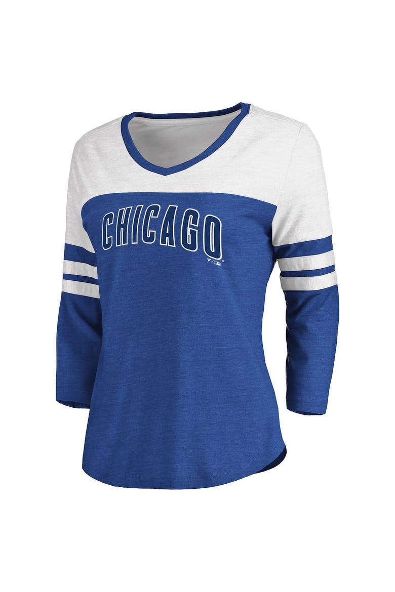Women's Fanatics Branded Heathered Royal/White Chicago Cubs Official Wordmark 3/4 Sleeve V-Neck T-Shirt, Alternate, color, Heather Royal