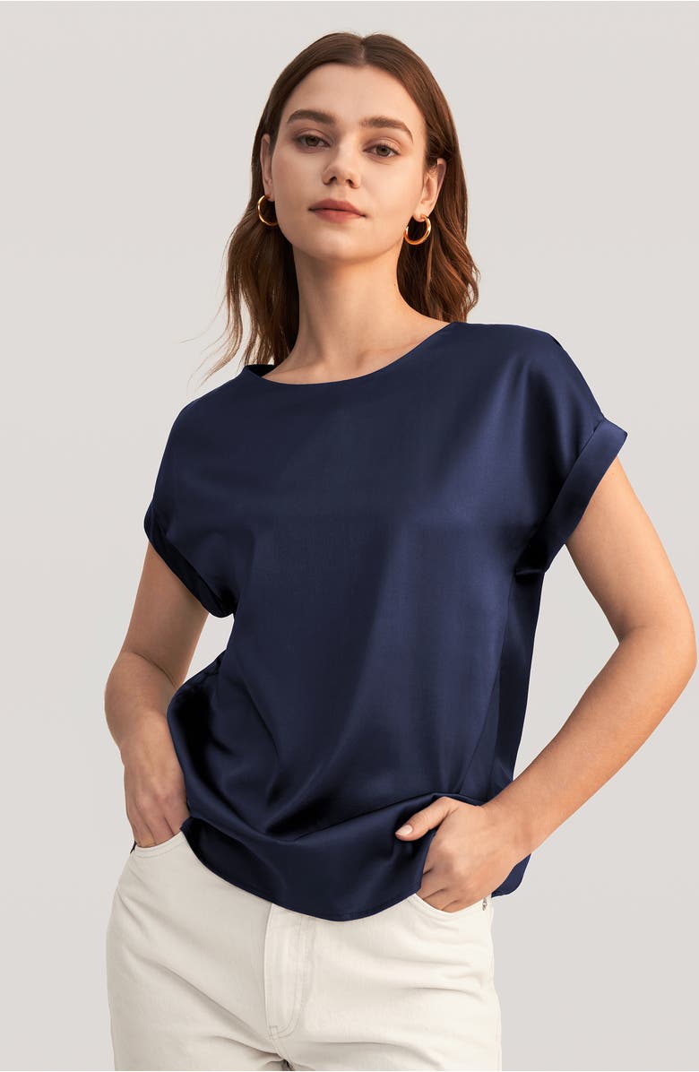 Lilysilk Short Sleeves Round Neck Silk Tee, Alternate, color, Navy Blue
