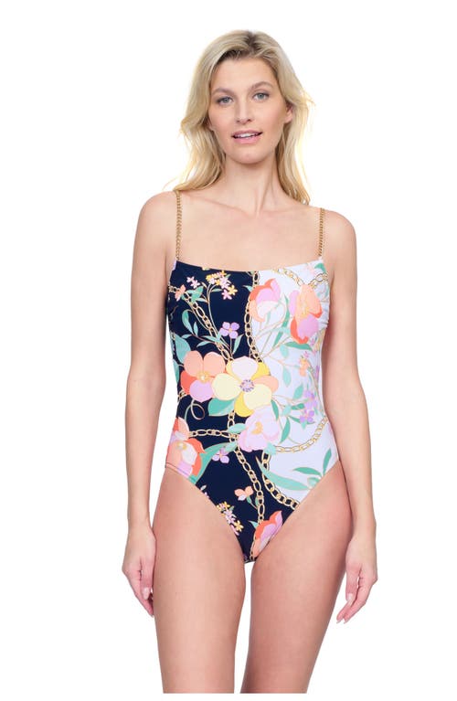 Gottex Memories Of Capri Round Neck One Piece With Gold Chain Straps In Black Multi