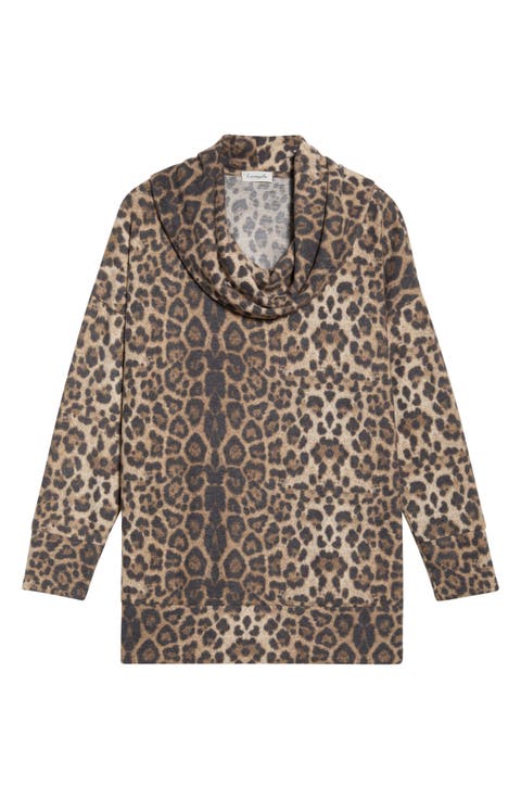Leopard Print Hacci Knit Cowl Neck Tunic (Plus)