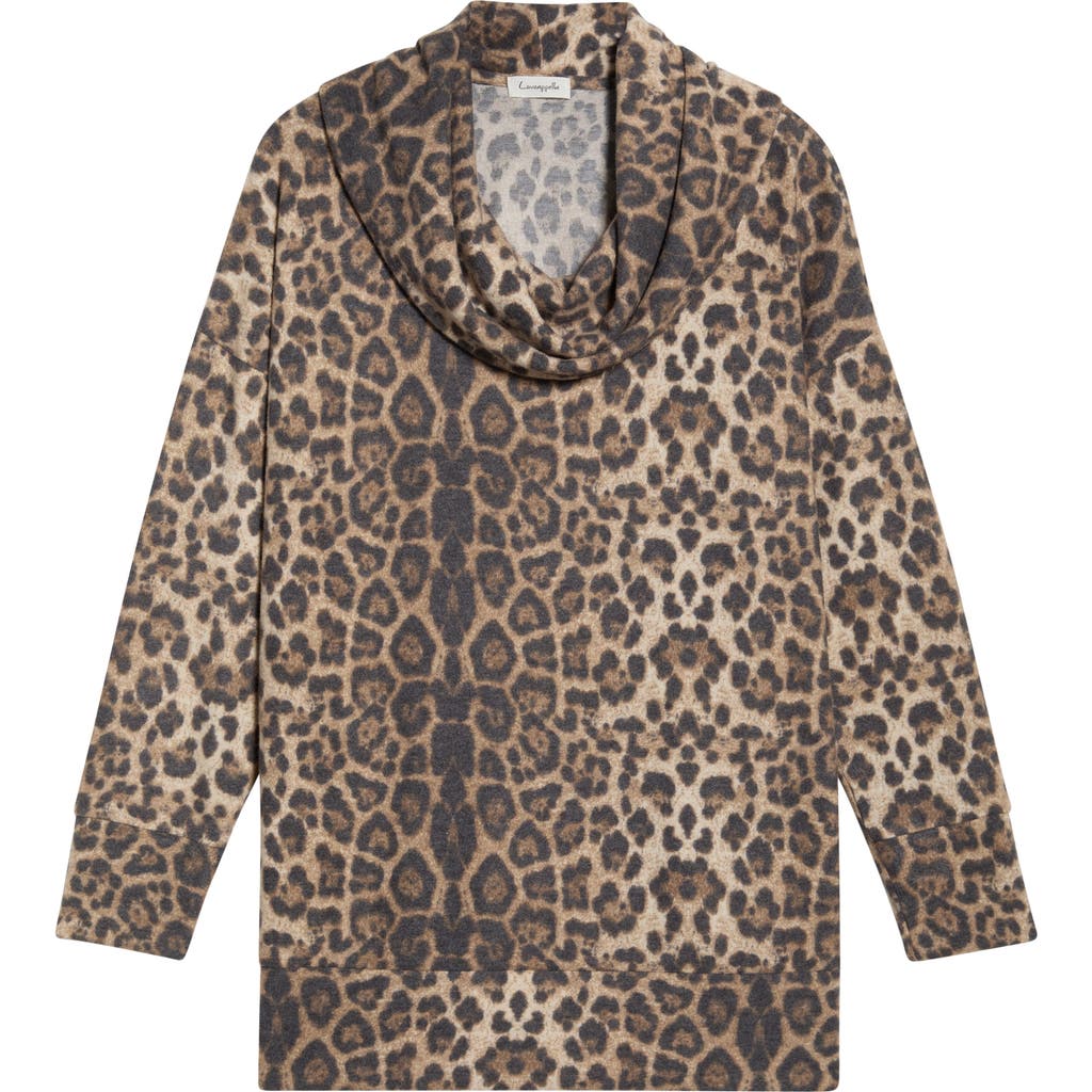 Loveappella Leopard Print Hacci Knit Cowl Neck Tunic In Brown