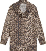 Loveappella Leopard Print Hacci Knit Cowl Neck Tunic
