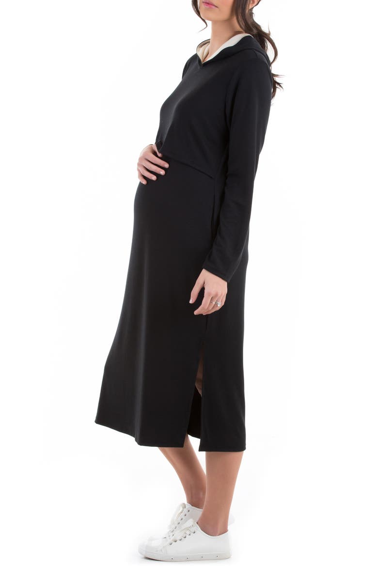 Long Sleeve Hoodie Maternity/Nursing Dress, Alternate, color, BLACK