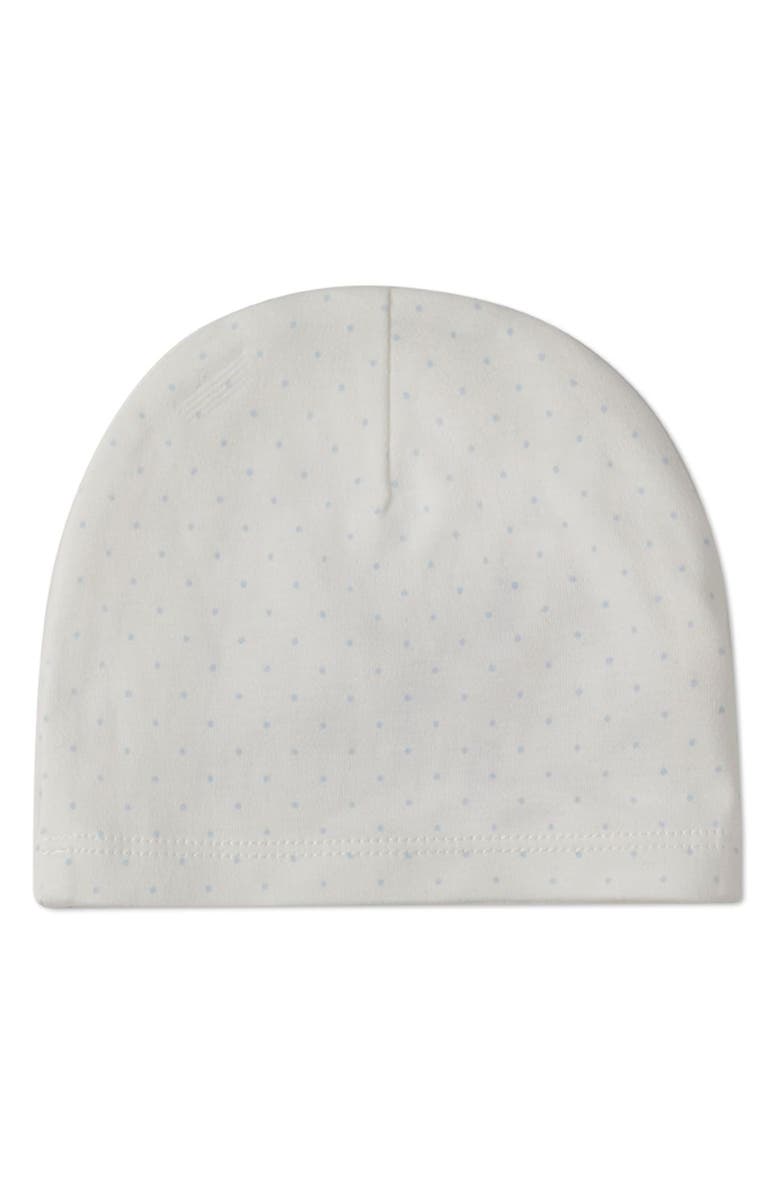 MiniMoi Put A Bow On It Cotton Polka Dot Knit Beanie, Main, color, Blue