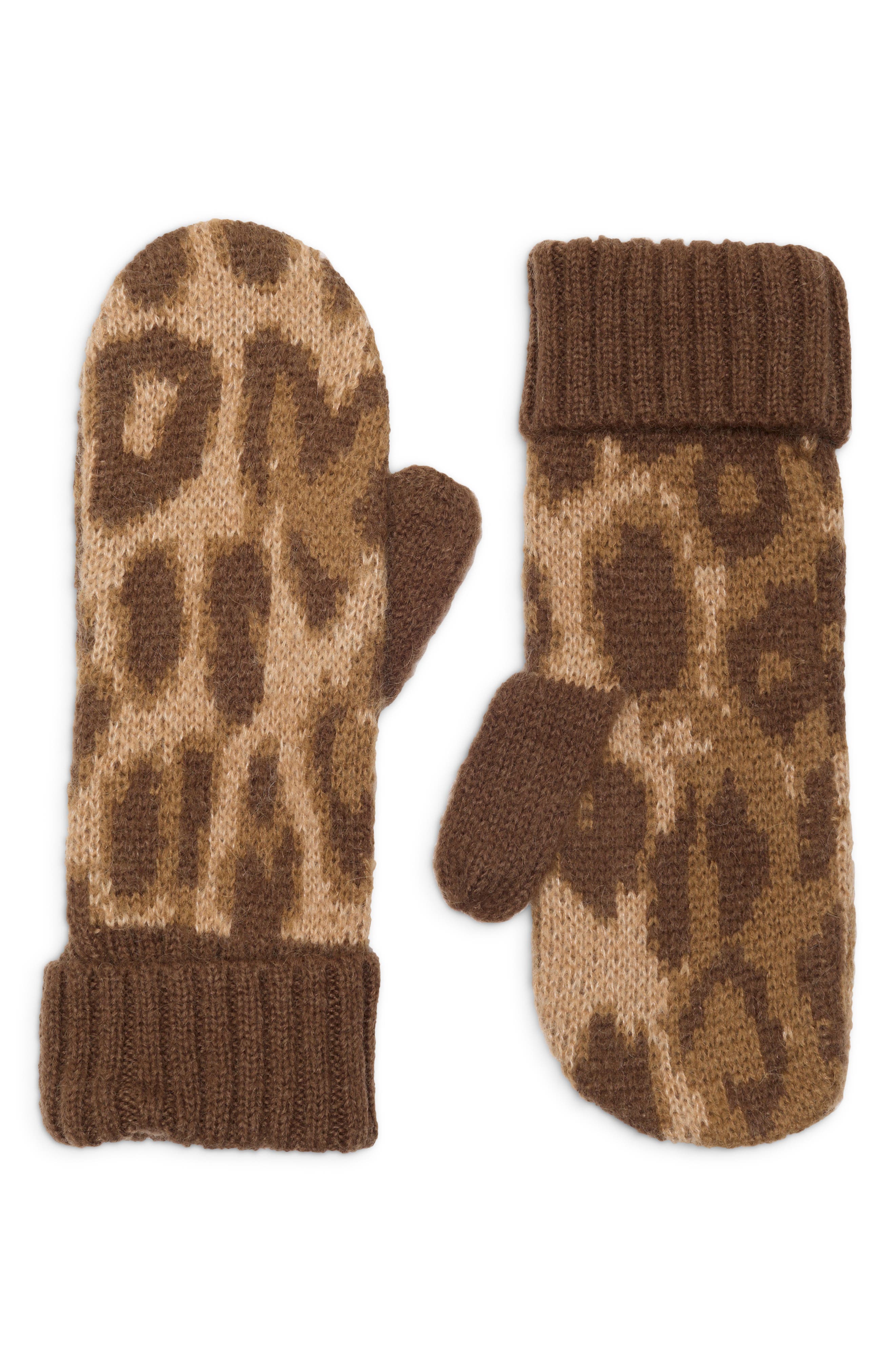Damson Madder Fluffy Leopard Print Mittens