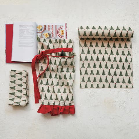 Stonewashed Cotton Napkins with Christmas Tree Print, Set of 4