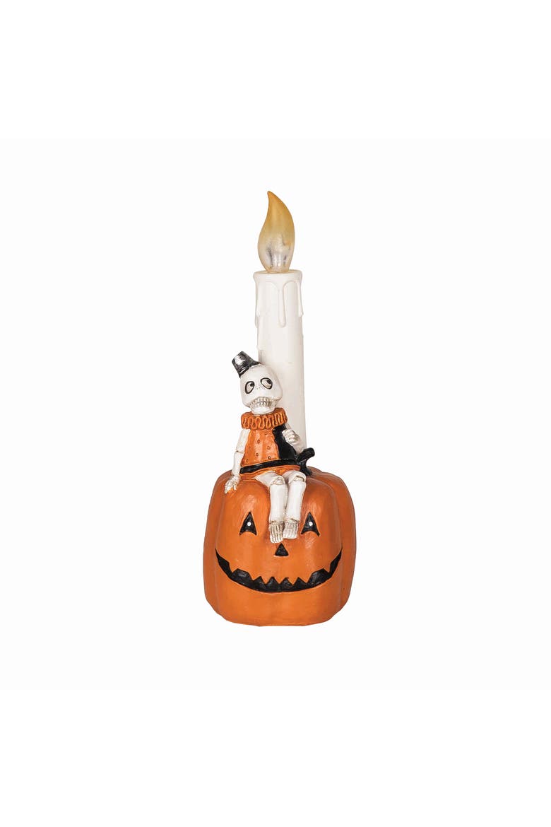 Skeleton Sitting on Jack O Lantern Candle Halloween LED Figurine, Main, color, Orange