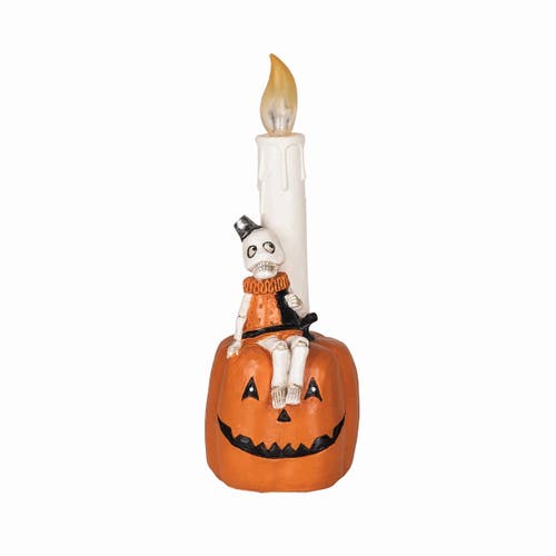 Gallerie Ii Skeleton Sitting On Jack O Lantern Candle Halloween Led Figurine In Orange