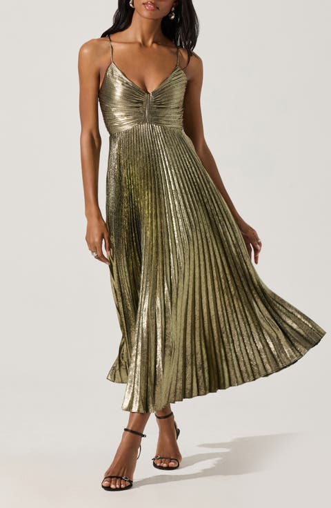 Blythe Metallic Pleated Midi Dress