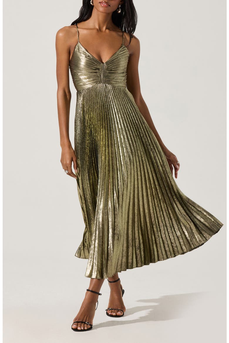 pleated metallic midi dress Mathilde metallic pleated midi dress in Pink