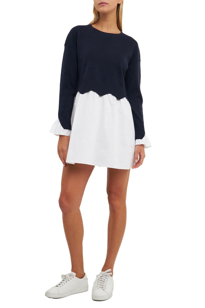 Long Sleeve Layered Dress, Main, color, NAVY/ WHITE