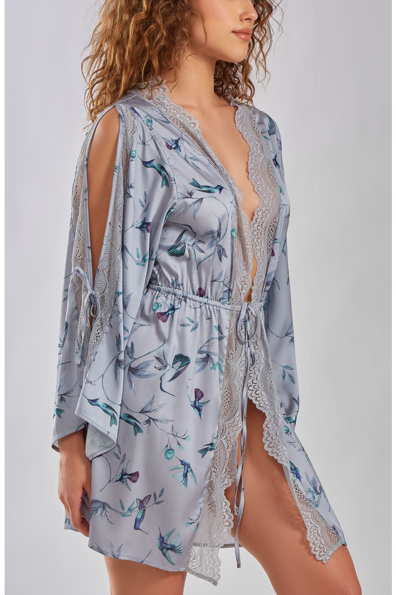Hummingbird Print Cold Shoulder Lace Trim Satin Robe, Alternate, color, GRAY