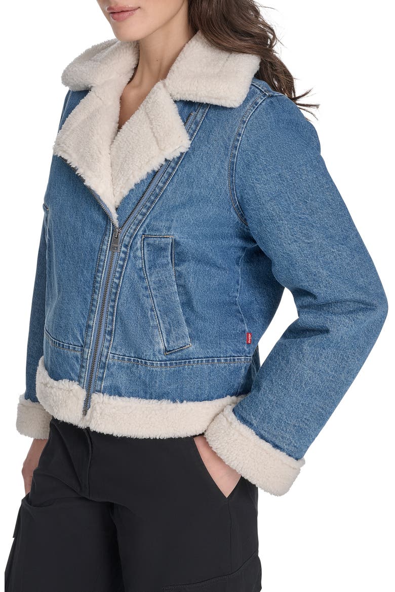 Faux Shearling Lined Denim Moto Jacket, Alternate, color, MEDIUM WASH DENIM