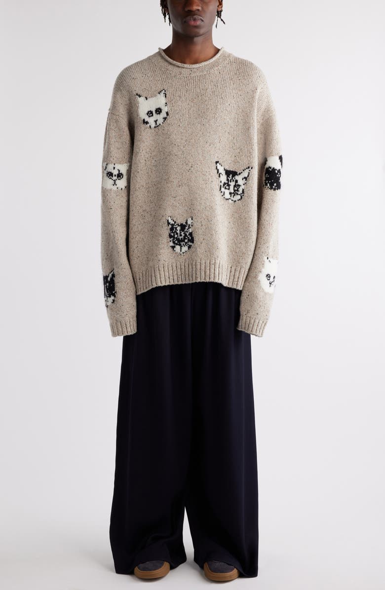 Acne Studios Jacquard Cats Oversize Donegal Sweater, Alternate, color,