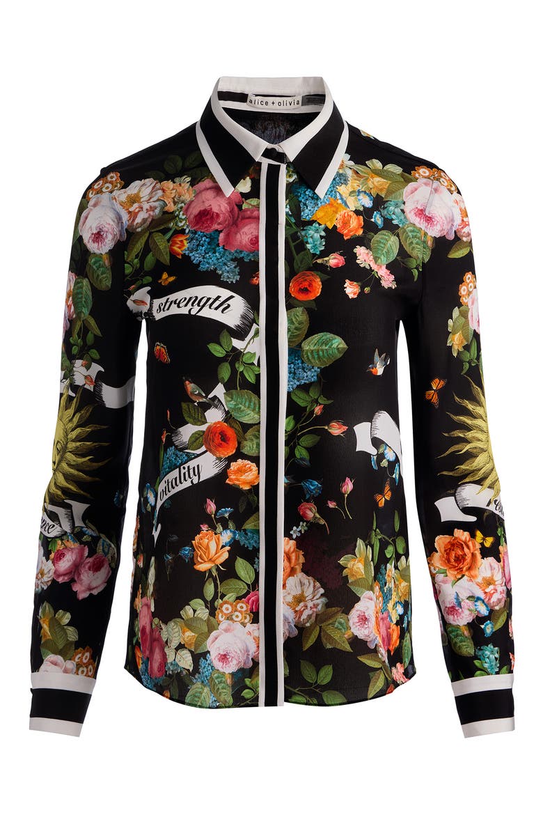 Willa Printed Silk Button-Up Shirt, Alternate, color, SOLAR STRENGTH BLACK