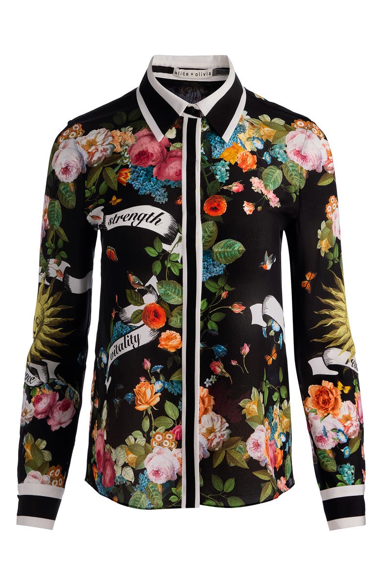 Alice + Olivia Willa Printed Silk Button-Up Shirt, Alternate, color, Solar Strength Black