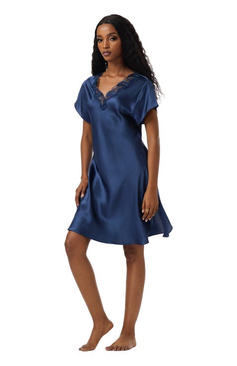 Silk Lace Neckline Split Hem Nightgown