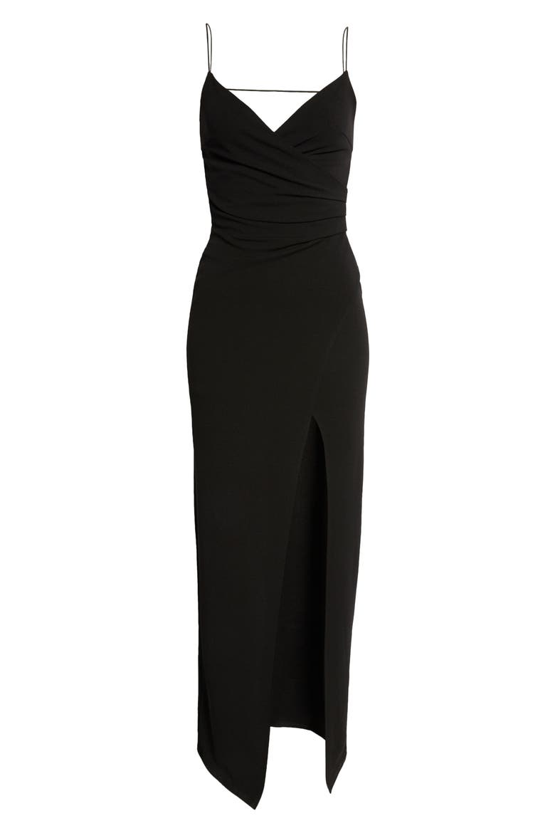 Surplice Open Back Tulip Hem Gown, Alternate, color, BLACK