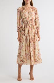 Anne Klein Smocked Waist Ruffle Trim Midi Dress