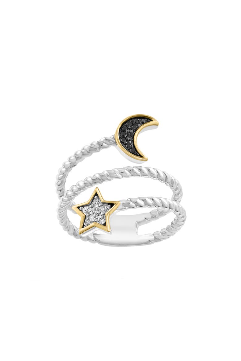 Sterling Silver Moon & Star Bypass Ring - 0.08ct., Alternate, color, BLACK