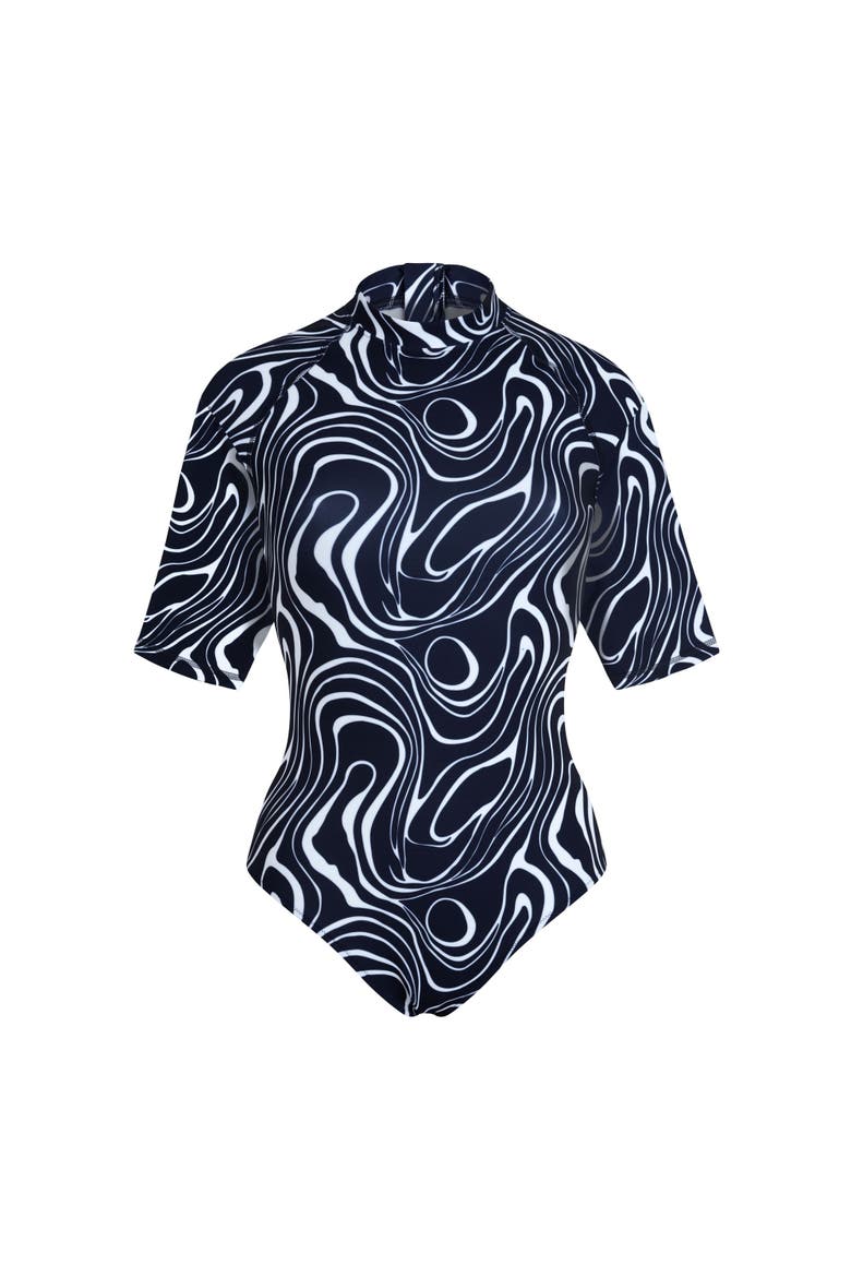 Women Short Sleeves UV Protection One-piece Rashguard Waves, Main, color, navy