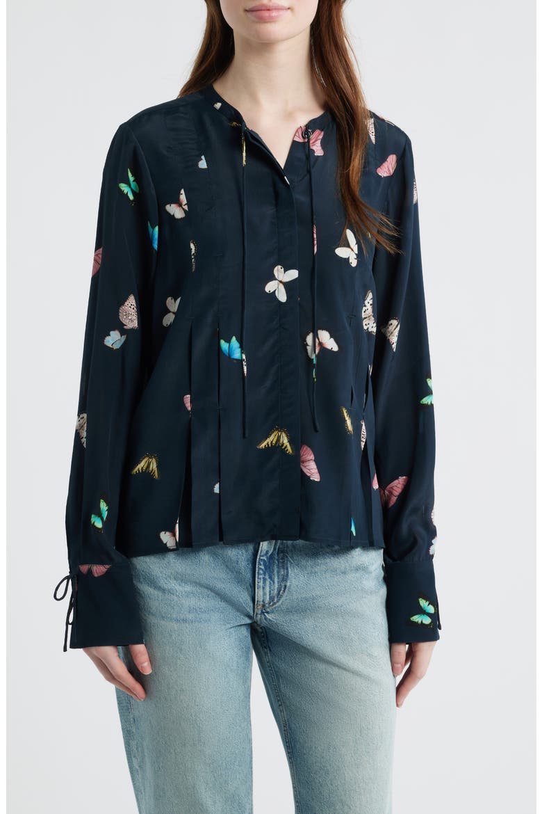 Arden Print Pleated Top, Main, color, BLACK BUTTERFLY