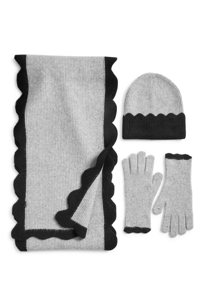 Scalloped Scarf, Beanie & Gloves Set, Main, color, GREY- BLACK
